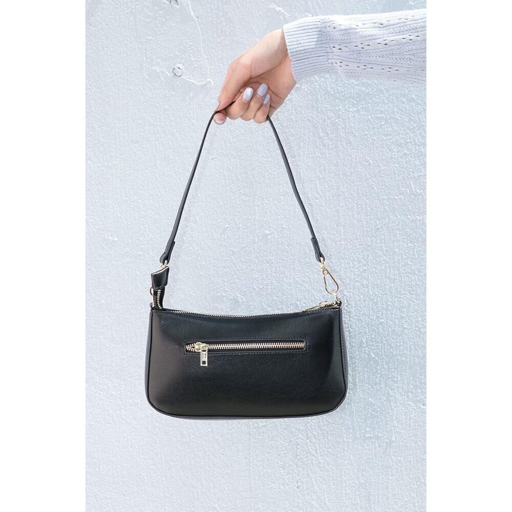 Women B Black Retro Vegan Leather Polyester Lining Classic Clutch Tote HandBag - Picture 2 of 7